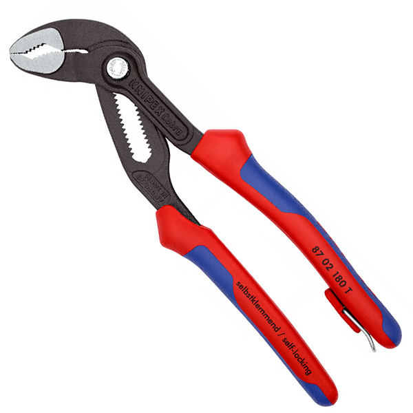 Kìm mỏ quạ Knipex Cobra® 87 02 180 T dài 180mm, phủ đen chống gỉ, tay cầm nhựa đa thành phần có điểm gắn dây chống rơi, kẹp ống Ø42mm, kẹp ốc 36mm, 18 nấc chỉnh.