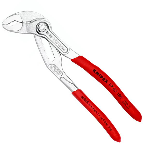 Kìm mỏ quạ Knipex Cobra® 87 03 180 dài 180mm, mạ crôm chống gỉ, tay cầm phủ nhựa, kẹp Ø42mm, kẹp size ốc 36mm, 18 nấc chỉnh.