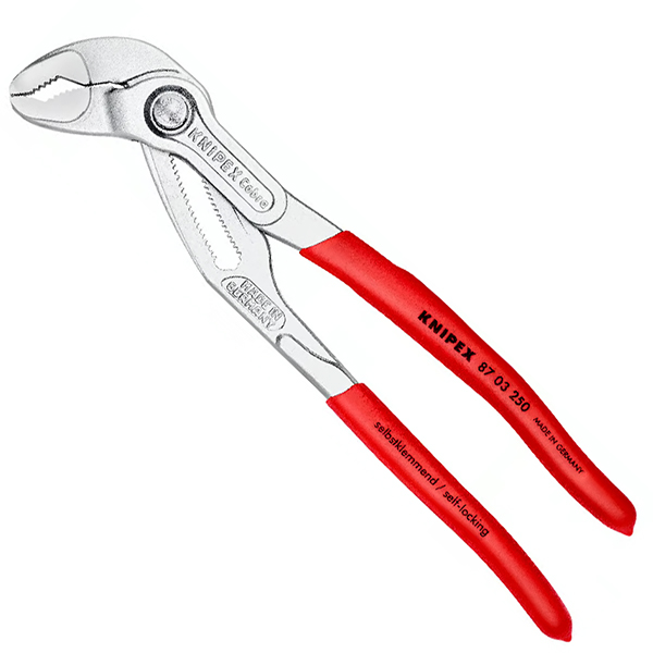 Kìm mỏ quạ Knipex Cobra 87 03 250 dài 250mm, mạ crôm chống gỉ, tay cầm phủ nhựa, kẹp ống Ø50mm, kẹp size ốc 46mm, có 25 nấc chỉnh linh hoạt.